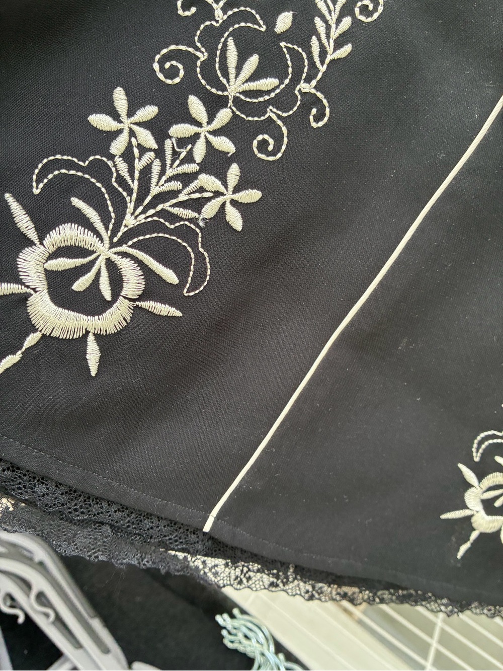 LOFT Black A-Line Skirt with Cream Floral Embroidery